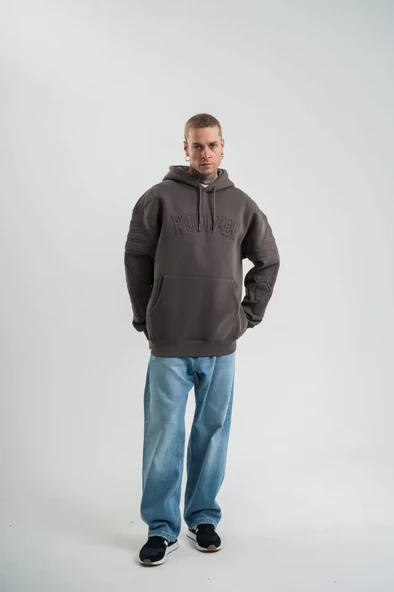 Double Oversize Kapşonlu Nakışlı SweatShirt - Füme - Resim 4