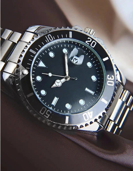 Gümüş Çelik Kordon Erkek Kol Saati Takvimli Siyah Kadran Özel kutusunda - 3