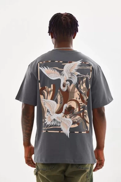 Unisex Baskılı Oversize T-Shirt - Füme - Resim 2