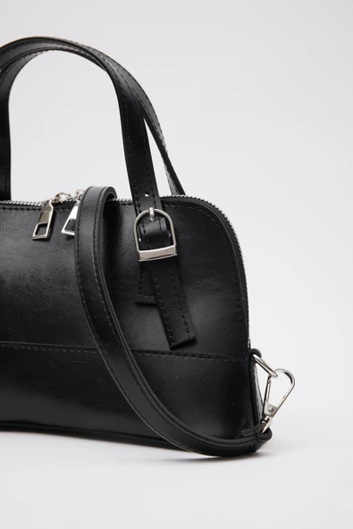 Suni Deri Mini El ve Çapraz Çanta Siyah - Resim 5