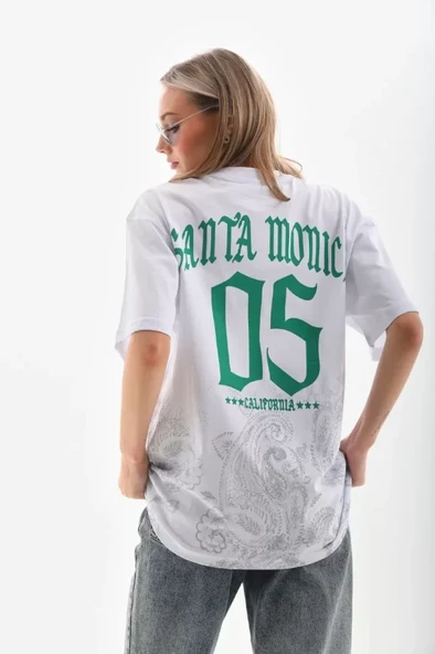 Unisex Baskılı Oversize T-Shirt - Beyaz - Resim 2