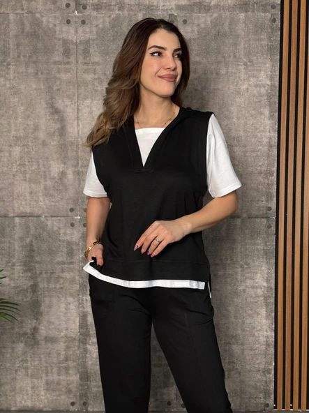Kadın Kısa Kollu V Yakalı Kapşonlu Viskon Iki Iplik Bluz Ve Pantolon Takım - Resim 3