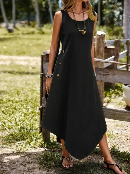 Kadın Askılı Yuvarlak Yaka Düğmeli Asimetrik Kesim Detaylı Ithal Keten Elbise ürün görseli 1