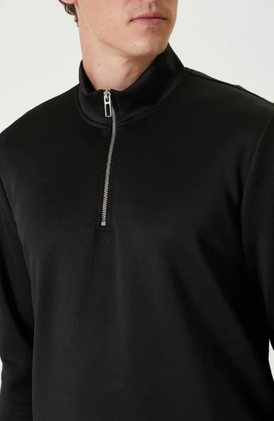 Unisex Uzun Kol Yarım Farmuarlı Yakalı Basic SweatShirt - Siyah - Resim 2