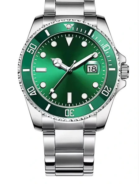 Gümüş Çelik Kordon Erkek Kol Saati Takvimli Yeşil Kadran Özel Kutusunda - 2