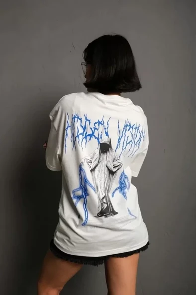 Unisex Bisiklet Yaka Baskılı Oversize T-Shirt - Beyaz - Resim 2