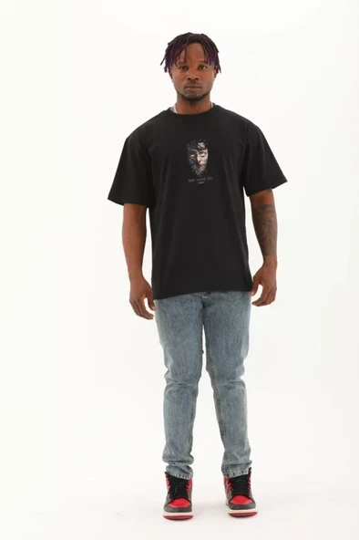 Unisex Oversize Baskılı Bisiklet Yaka T-Shirt - Siyah - Resim 3