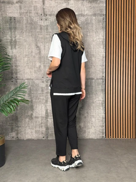 Kadın Kısa Kollu V Yakalı Kapşonlu Viskon Iki Iplik Bluz Ve Pantolon Takım - Resim 4