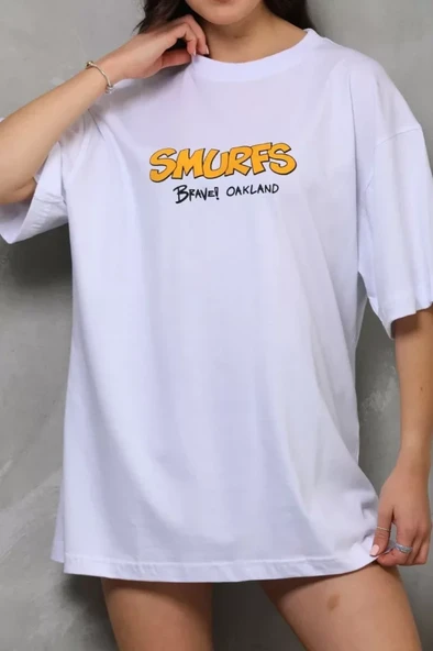 Unisex Bisiklet Yaka Baskılı Oversize T-Shirt - Beyaz - Resim 3