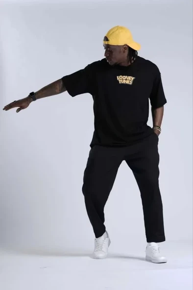 Unisex Bisiklet Yaka Baskılı Oversize T-Shirt - Siyah ürün görseli 1