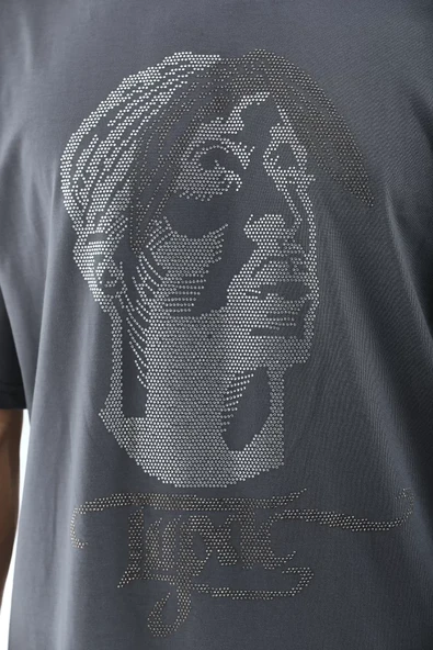 Unisex Oversize Taşlı Bisiklet Yaka T-Shirt - Füme - Resim 3