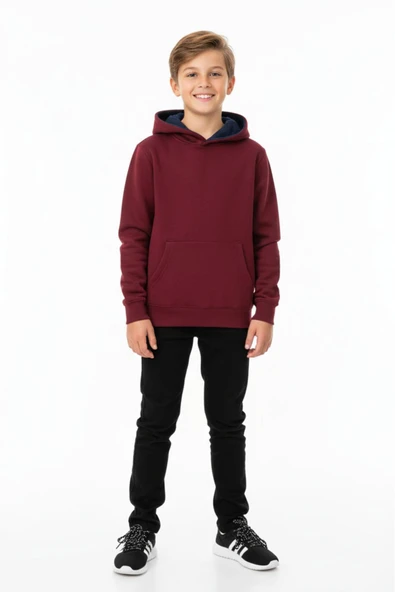 Erkek Çocuk Bordo Kapüşonlu Cepli 3 İplik  Sweatshirt BGL-ST05002 - Resim 4