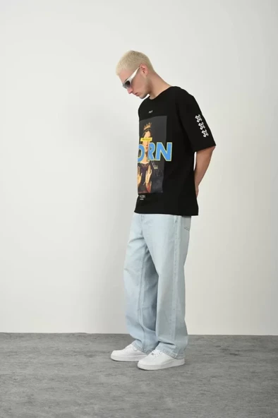 Unisex Baskılı Bisiklet Yaka Oversize T-Shirt - Siyah ürün görseli 1