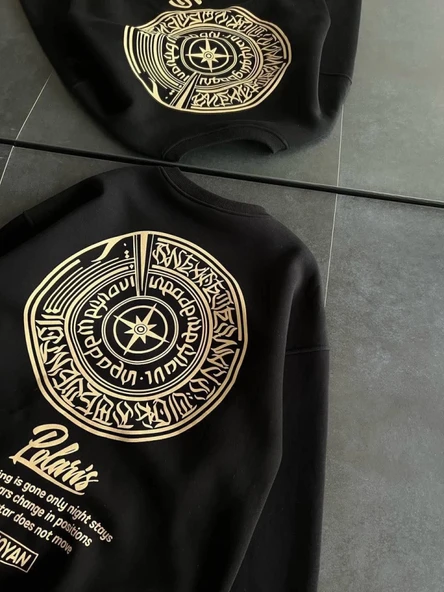 Kışlık Bisiklet Yaka Ön Ve Arka Baskılı SweatShirt - Siyah - Resim 4