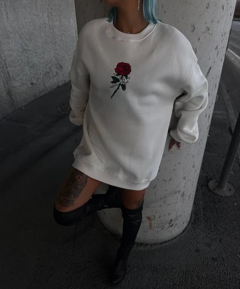 Oversize Üç İplik Bisiklet Yaka Baskılı SweatShirt - Beyaz - Resim 2