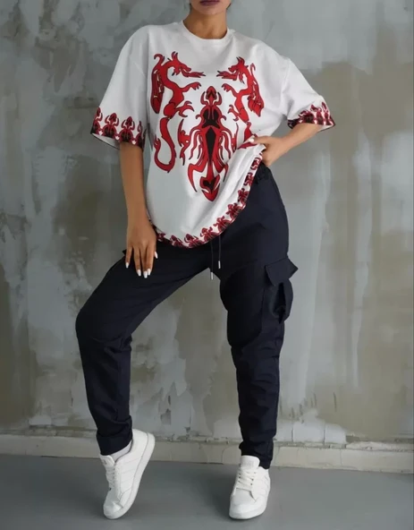 Unisex Bisiklet Yaka Baskılı Oversize T-Shirt - Beyaz - Resim 2