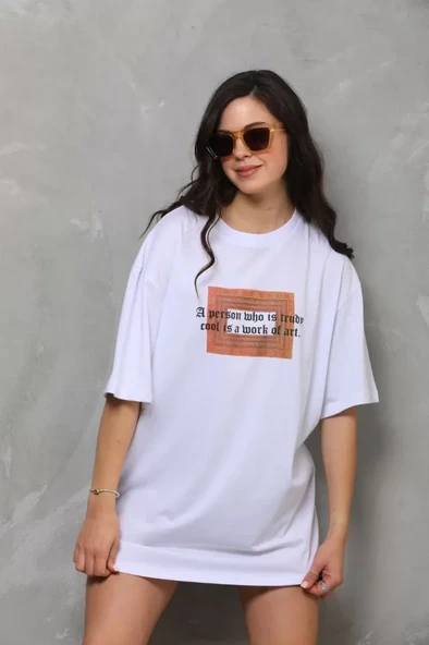 Unisex Bisiklet Yaka Baskılı Oversize T-Shirt - Beyaz - Resim 3