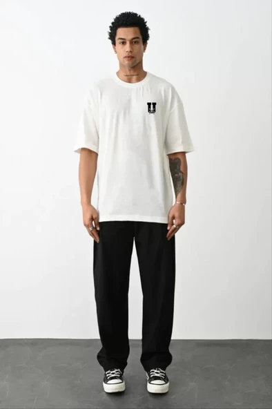 Unisex Bisiklet Yaka Baskılı Oversize T-Shirt - Beyaz ürün görseli 1