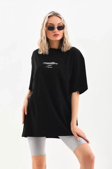 Unisex Baskılı Oversize T-Shirt - Siyah - Resim 3