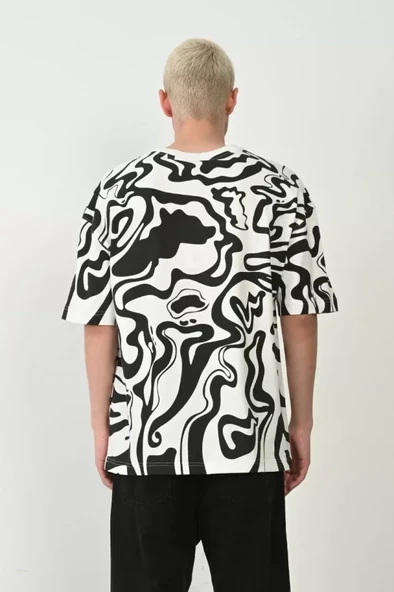 Unisex Baskılı Bisiklet Yaka Oversize T-Shirt - Beyaz - Resim 3