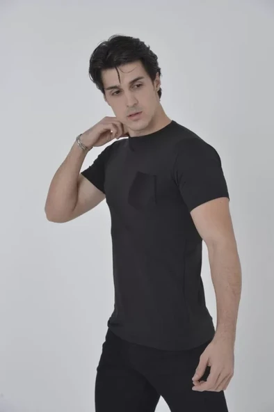 Erkek File Cepli Slim Fit T-shirt - Siyah - Resim 3