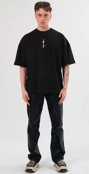 Unisex Bisiklet Yaka Baskılı Oversize T-Shirt - Siyah ürün görseli 1