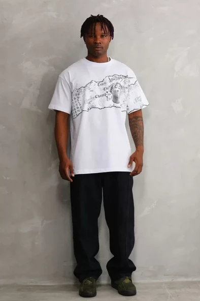 Unisex Bisiklet Yaka Baskılı Oversize T-Shirt - Beyaz - Resim 4