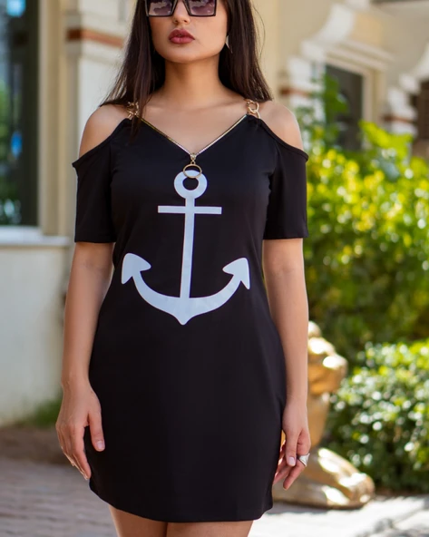 Fermuar Detay çıpa Baskılı Zincir Askılı Viskon Elbise - Resim 6