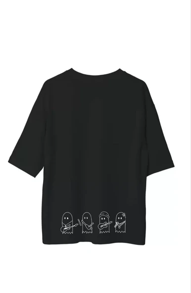 Unisex Bisiklet Yaka Baskılı Oversize T-Shirt - Siyah - Resim 2