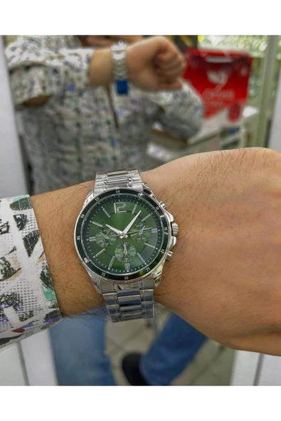 Gümüş Çelik Kordon Erkek Kol Saati Takvimli Yeşil Kadran Özel Kutusunda - 5