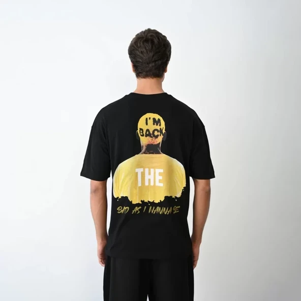 Unisex Bisiklet Yaka Baskılı Oversize T-Shirt - Siyah - Resim 4