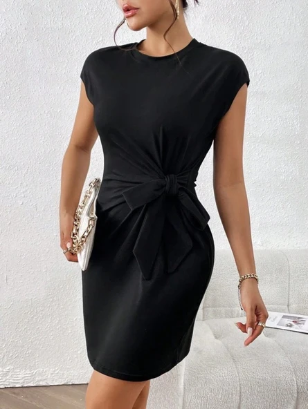 Kadın Kısa Kap Kollu Bisiklet Yaka Belden Bağlamalı Modal Mini Elbise - Resim 2