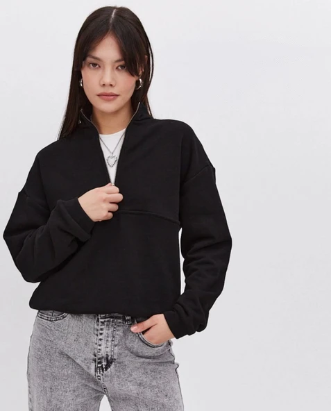 Oversize Yarım Farmuarlı Yakalı Basic SweatShirt - Siyah - Resim 3