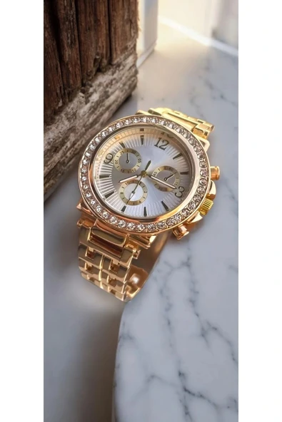 Metal Kordon Altın Renk Ve Taşlı Kadın Kol Saati - 5