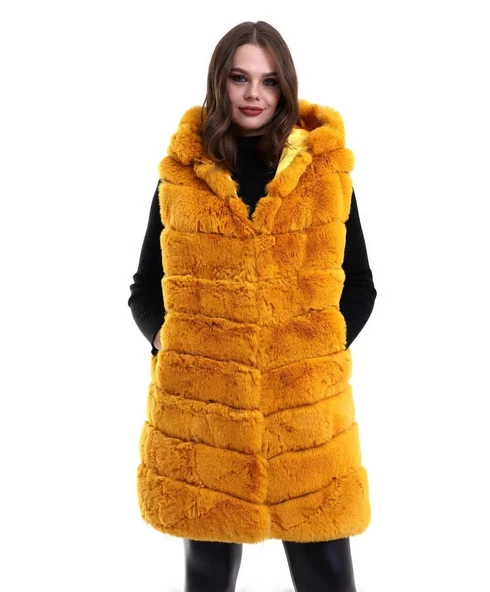 Kadın Kapşonlu Peluş Kürk Yelek Premium Kalite, Tam Astarlı, Uzun Model - Sarı - Resim 4