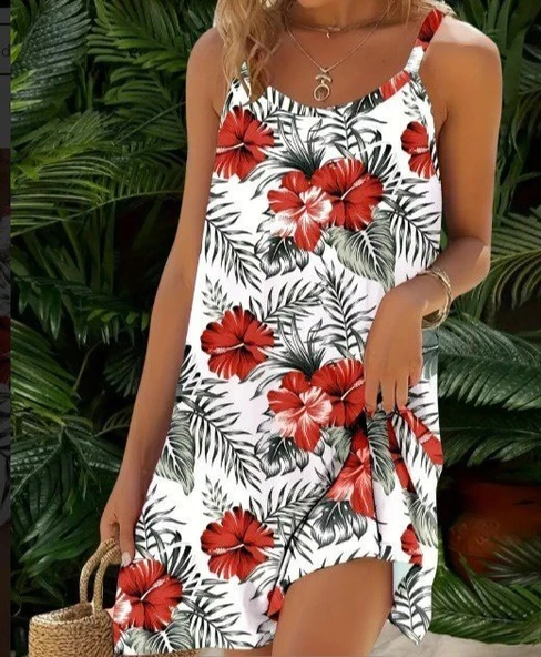 Kadın Ip Askılı çiçek Desenli Süprem Elbise - Resim 3