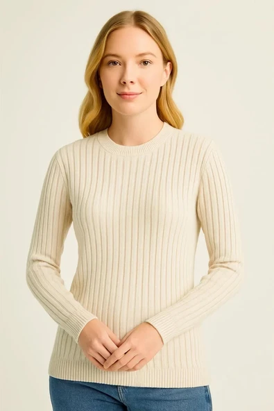 Kadın Bisiklet Yuvarlak Yaka Triko Kazak Pamuklu Kalın Fitilli Dokuma, Regular Fit Uzun Kollu Kışlık Model - Bej
