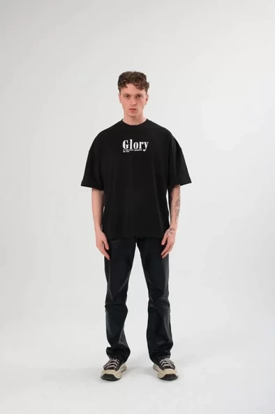 Unisex Bisiklet Yaka Baskılı Oversize T-Shirt - Siyah ürün görseli 1
