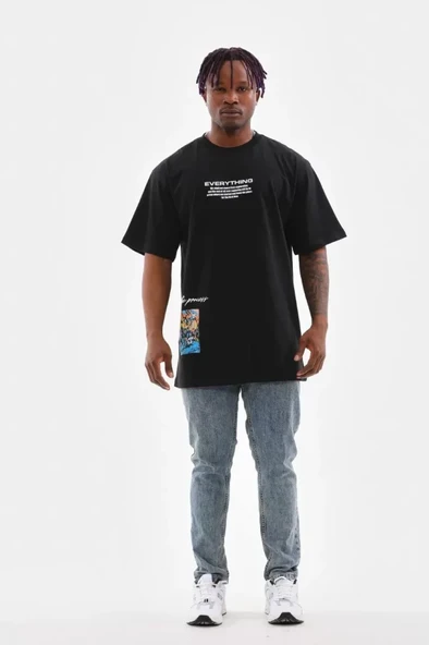 Unisex Bisiklet Yaka Baskılı Oversize T-Shirt - Siyah - Resim 4