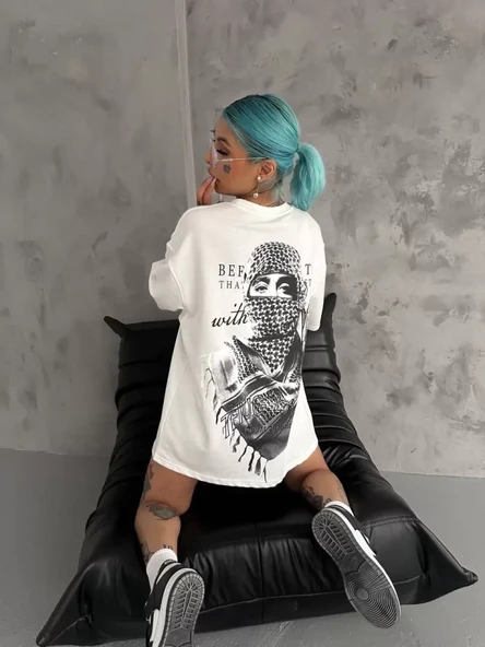 Unisex Baskılı Oversize T-Shirt - Beyaz ürün görseli 1