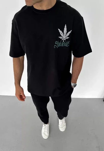 Unisex Bisiklet Yaka Baskılı Oversize T-Shirt - Siyah ürün görseli 1