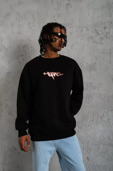 Erkek 3 İplik Gangster Baskılı Sweatshirt - Siyah ürün görseli 1