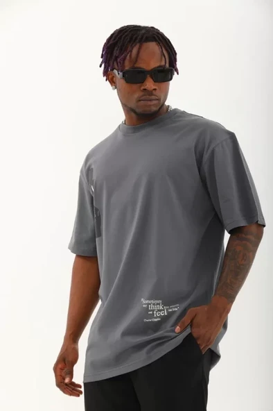 Unisex Oversize Baskılı Bisiklet Yaka T-Shirt - Füme - Resim 2