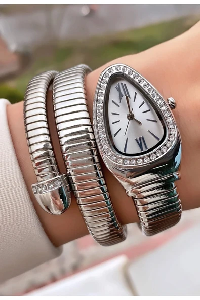 Gümüş Renk Beyaz Kadran Yılan Saat Dolamalı Saat - 3