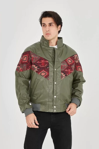 Erkek İçi Astarlı İçten Yaka Kısmı Peluşlu Suni Kumaş Vintage Ceket - Haki ürün görseli 1