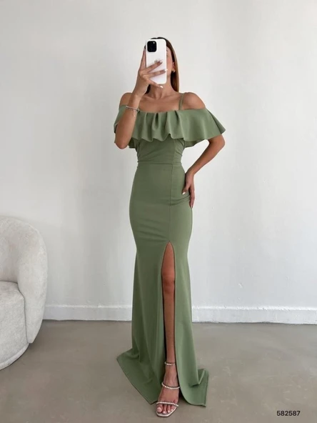 Kadın Dalgıç Krep Yırtmaç Detaylı Askılı Maxi Boy Elbise ürün görseli 1