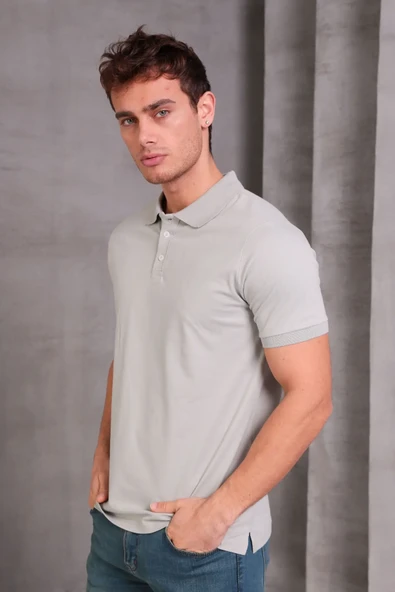 Erkek Slim Fit Pamuklu Yumuşak Doku Nefes Alan Kumaş Yakalı Tişört - Resim 4