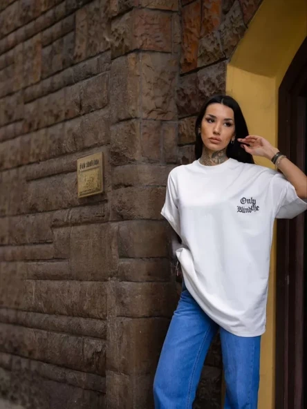 Unisex Bisiklet Yaka Baskılı Oversize T-Shirt - Beyaz - Resim 4