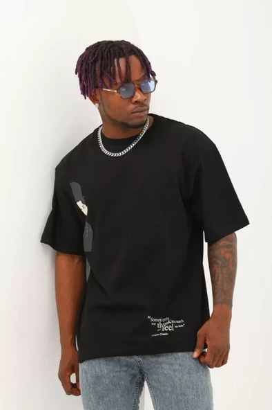 Unisex Oversize Baskılı Bisiklet Yaka T-Shirt - Siyah - Resim 2