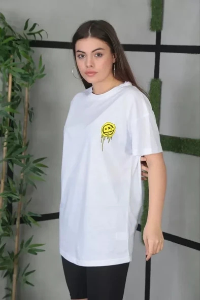 Unisex Bisiklet Yaka Baskılı Oversize T-Shirt - Beyaz - Resim 2